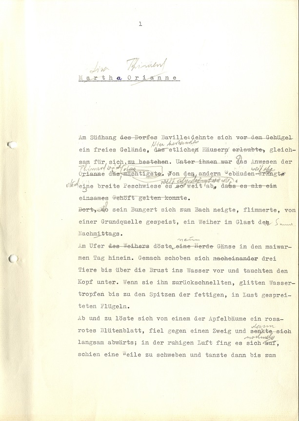 Erste Seite des Manuskripts Lisa Timesch. Dritte Version 1970,
 CNL L-357; I.1.4 (3).